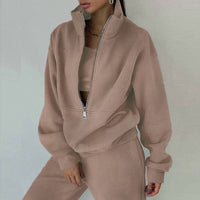 Women's Oversized Crop Half-Zip Sweatshirt and Joggers Set in Soft French Terry with Stand-Up Collar