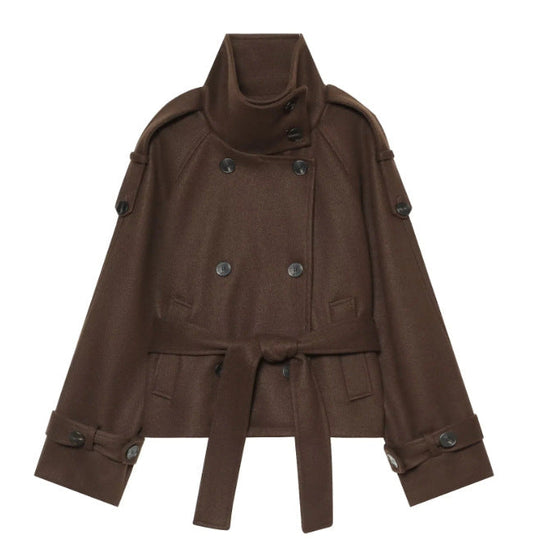 Women's Short Double-Breasted Wool Cape Coat with Stand Collar, Epaulettes, Tie Belt, and Pockets