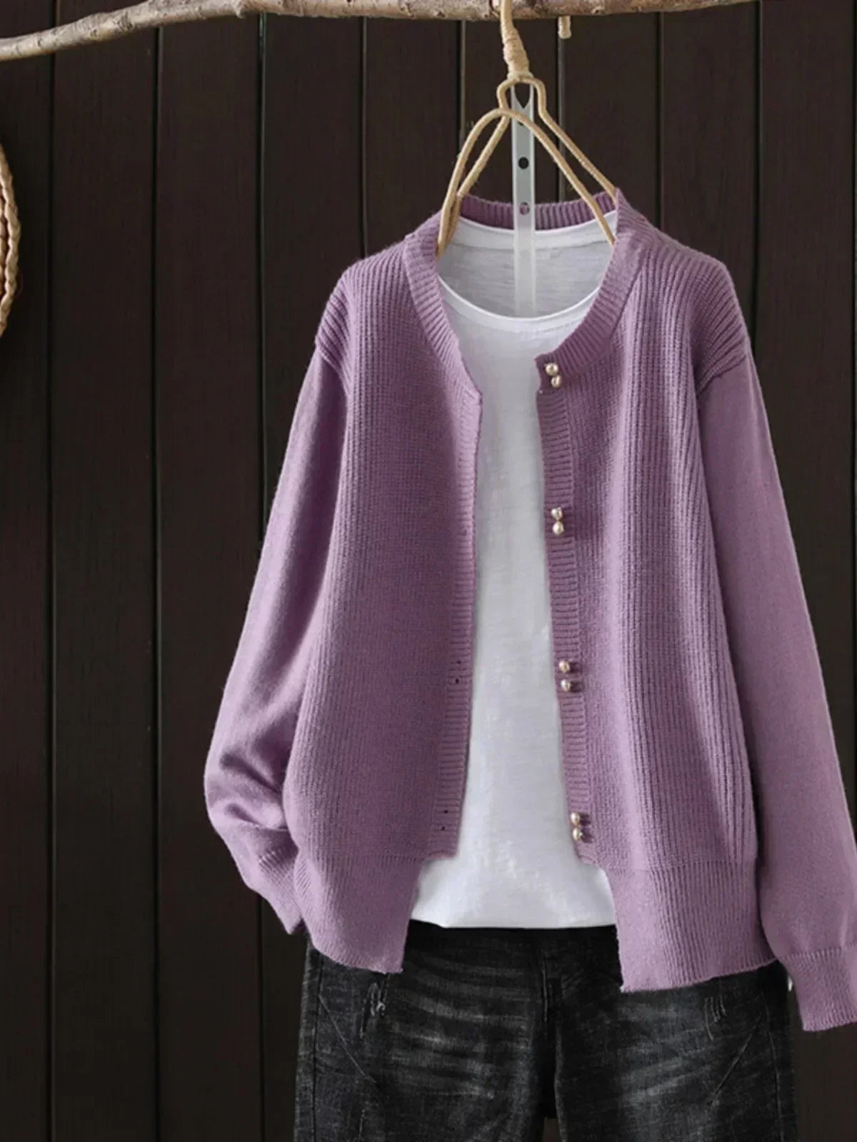 Women's Sweater with Button Placket and Ribbed Cuffs