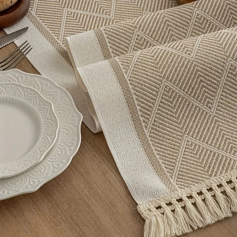 Woven Chevron Microfiber Table Runner with Tassels